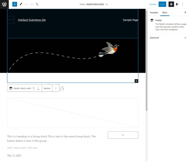 Gutenberg editor display with header block settings open